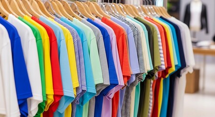 A vibrant row of various colored t-shirts hanging on wooden hangers, showcasing a spectrum of hues in a store