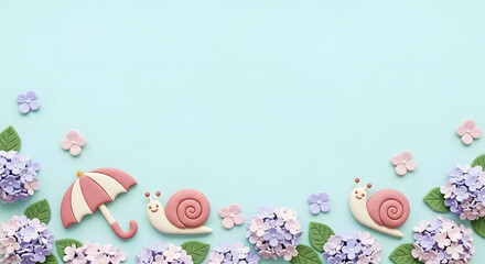 梅雨の紫陽花とカタツムリと傘のかわいいクレイアートフレーム背景