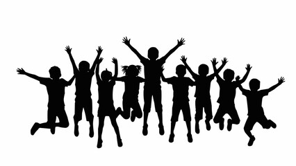 Silhouette of happy children jumping in the air together.