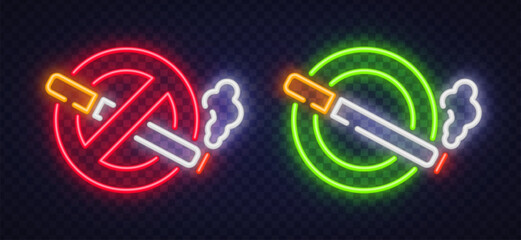 Neon vector icons showing no smoking and smoking allowed symbols with glowing cigarette and smoke. Perfect for public signs, club interiors, cafes, and modern UI design.