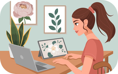 An inspiring illustration of a woman focused on creating digital artwork with a tablet, showcasing creativity, innovation, and modern technology in a stylish environment.