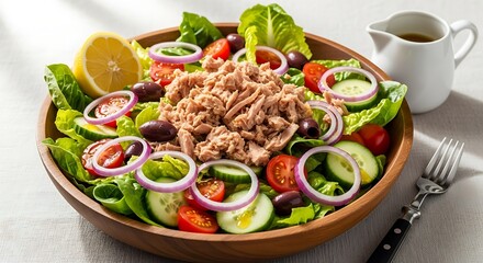A vibrant salad is in a wooden bowl. It's garnished with tomatoes, olives, cucumbers, and red onion. A lemon and dressing accompany it