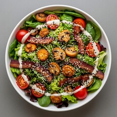 A vibrant salad bowl with fresh greens, tomatoes, mushrooms, bacon, and sesame seeds, drizzled with creamy dressing