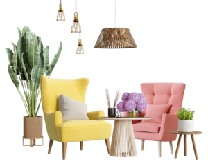 elegant indoor scene featuring comfortable armchairs, lush plants, and stylish lighting against a dark background for a cozy atmosphere