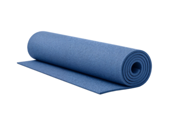Blue yoga mat rolled out on a plain surface ready for use during exercise or stretching routines at home or studio