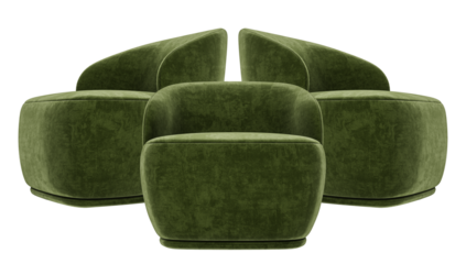three green velvet armchairs in a semi-circle for elegant seating in living rooms, lobbies, or waiting rooms for a cozy and stylish home decor