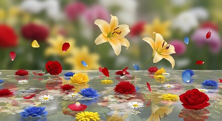 A vibrant scene features lilies, roses, and daisies amidst a blurred floral background. Petals float across a reflective surface