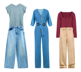 collection of modern outfits showcasing a blue t-shirt with jeans, a denim jumpsuit, and a burgundy top with khaki pants, highlighting versatile fashion styles