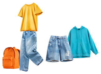 casual summer clothing arrangement featuring a yellow t-shirt, light wash jeans, denim shorts, an orange backpack, and a turquoise zip-up hoodie for relaxed styles