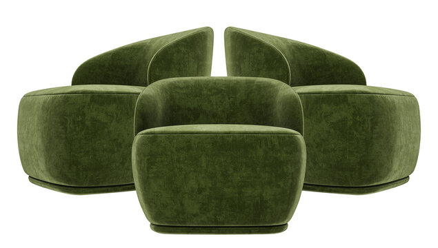 three green velvet armchairs in a semi-circle for elegant seating in living rooms, lobbies, or waiting rooms for a cozy and stylish home decor