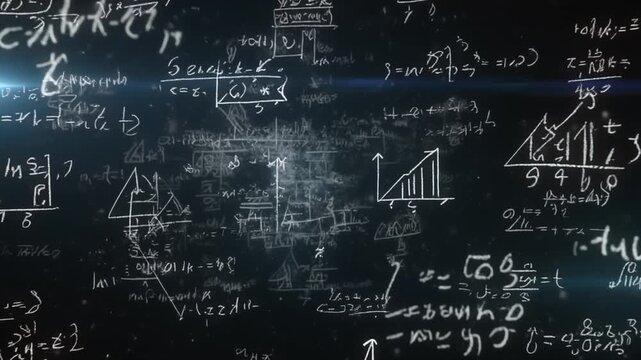 Complex Mathematical Equations and Graphs Illustrated on a Dark Blackboard