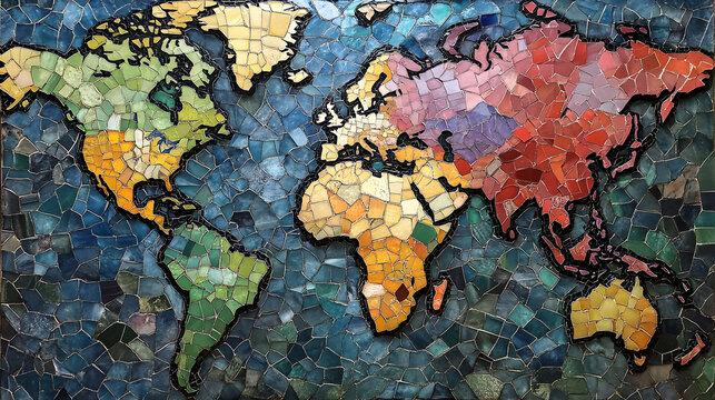 Vibrant mosaic world map with colorful tiles on blue background