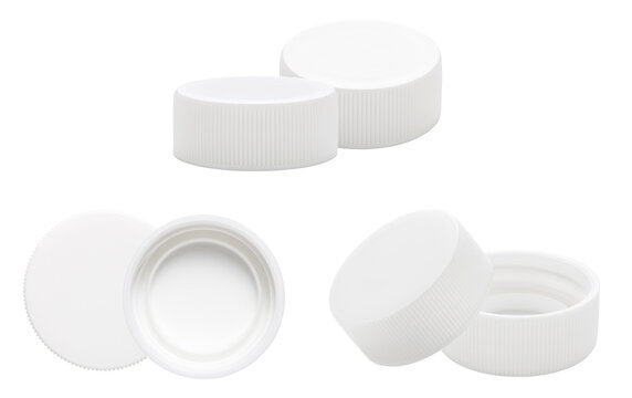 crisp photograph featuring an assortment of white plastic bottle caps arranged on a transparent background, highlighting details and textures with studio lighting