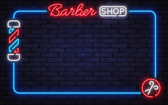 Stylish neon vector frame with barber shop sign, pole, and scissors icon. Perfect for grooming salons, classic barbershop branding, and urban ads.