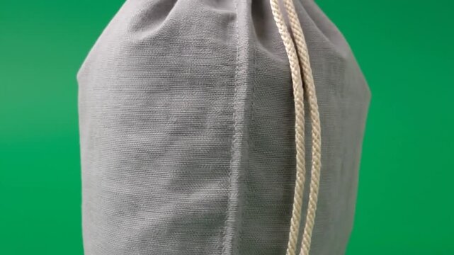 Gray drawstring bag against a green background, close-up.