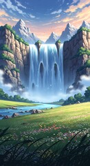 A vibrant scenic digital painting showcasing a waterfall cascading into a serene valley with mountains, grassy fields, and clouds