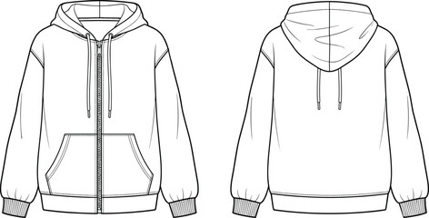 Flat vector illustration, technical hoodie sketch, zip-up sweatshirt design, fashion garment template, apparel drawing, front and back view layout