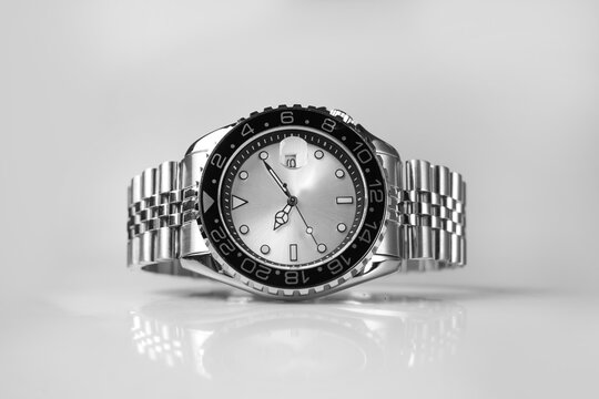 Professional Product Shot of Stainless Steel Watch Isolated on White background