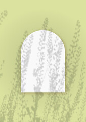 Natural light casts shadows from wild grass on an arch-shaped sheet of white paper lying on a vertical green background. Mockup