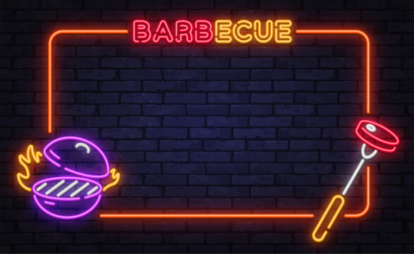 Warm neon vector frame with barbecue sign, grill burger, and skewer icon. Perfect for cookout posters, food festivals, and street grill branding.