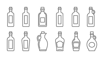 Fototapeta premium Collection of twelve black outline icons representing various liquor bottles and oil cruets
