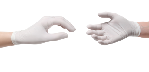 conceptual photograph featuring two hands wearing sterile white gloves reaching out, symbolizing healthcare, safety, protection, and medical assistance in a clean setting.