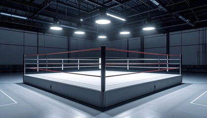 Minimalist boxing ring in a large empty sports hall with overhead lights