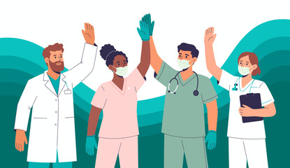 Healthcare professionals in scrubs and masks raise their hands in celebration, symbolizing teamwork and dedication in the fight against challenges in health.