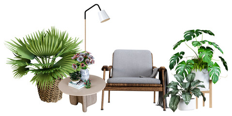 well-composed photograph displaying a comfortable armchair with plants, a lamp and a table, creating a cozy interior scene for lifestyle publications