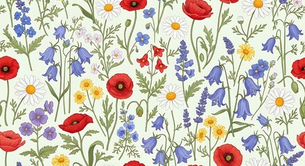 A vibrant, seamless floral pattern featuring an array of wildflowers in full bloom, against a soft, pale-green backdrop
