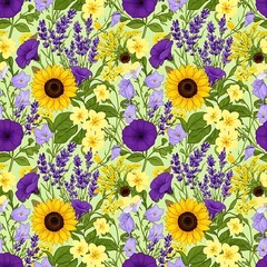 A vibrant, seamless floral pattern featuring sunflowers, lavender, bellflowers, and petunias, all set against a light green backdrop