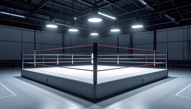 Minimalist boxing ring in a large empty sports hall with overhead lights
