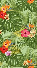 A vibrant, seamless floral pattern featuring tropical flowers such as hibiscus and bird of paradise amidst large monstera leaves. The backdrop is soft green