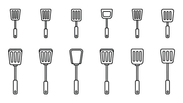 Collection of twelve black and white outline icons of various kitchen spatulas and turners