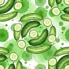A vibrant, seamless pattern features fresh green cucumbers, both whole and sliced, scattered across a white background with stylized green paint splatters