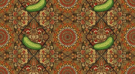 A vibrant seamless pattern features colorful, intricate floral mandala designs interspersed with cartoon pickles