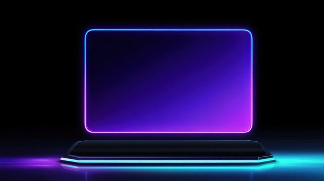 Abstract vintage television with neon blue and purple glow, retro-futurism design, sleek lines, dark background,
