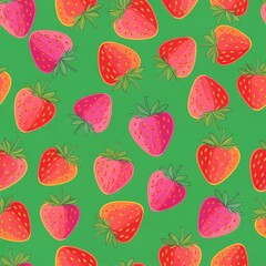 A vibrant, seamless pattern features numerous red and pink strawberries with green leaves scattered across a verdant background