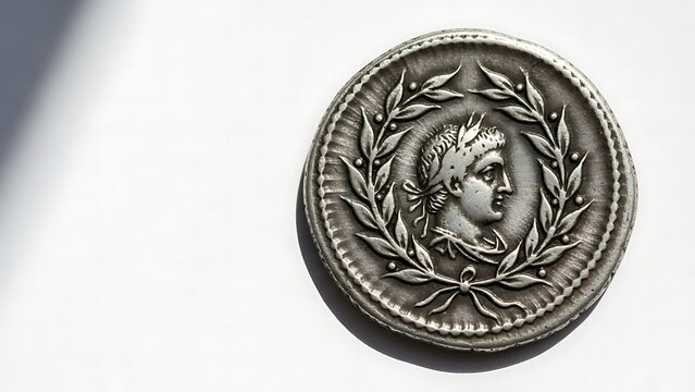 Ancient Roman Coin Depicting Emperor Augustus Profile Surrounded by Laurel Wreath.