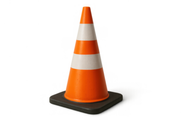 Traffic cone standing with orange and white stripes, signaling caution, road safety, and work zone ahead on a transparent background