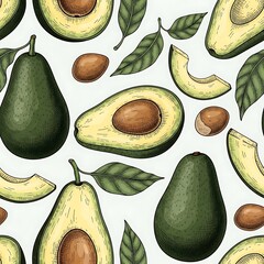 A vibrant, seamless pattern featuring illustrations of avocados, complete and sliced, with leaves and seeds scattered across a white background