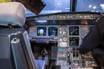 Inside the cockpit of a passenger plane