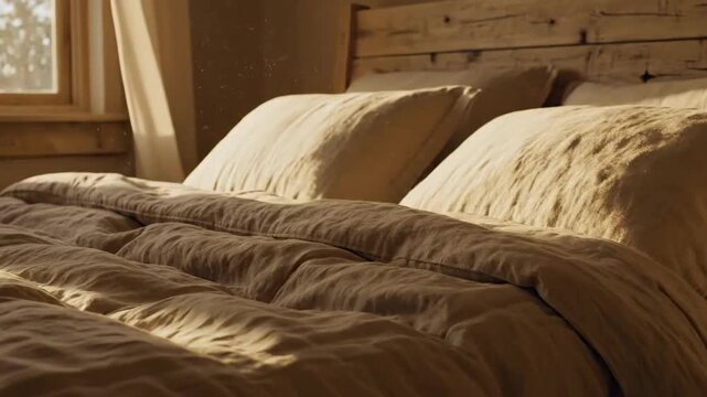 Sunlit cozy bedroom with rumpled linen bedding and warm natural light streaming through a window