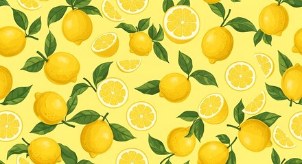 A vibrant, seamless pattern featuring ripe, whole lemons, and lemon slices with green leaves scattered on a sunny yellow background