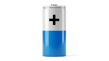 Blue and white cylindrical battery with plus symbol with shadow. AI GENERATED.
