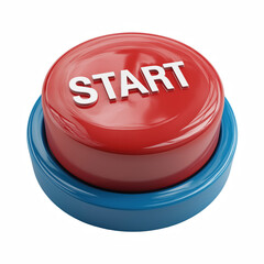 3D red start button with blue base, glossy push button icon, isolated on transparent background.
