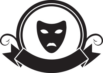 Classic theater mask emblem with ribbon and scrollwork