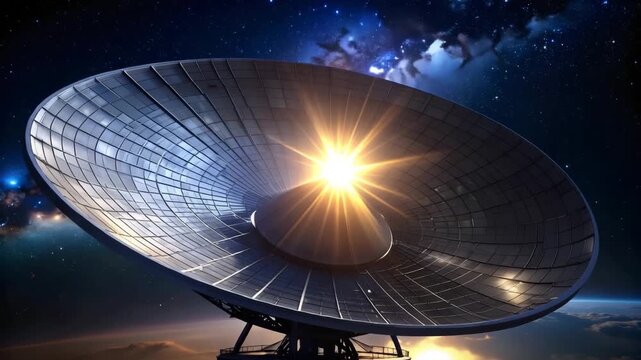 Satellite dish antenna transmitting data under starry night sky with bright sunbeam