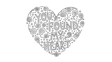 Intricate heart shape text design with found my heart on transparent background