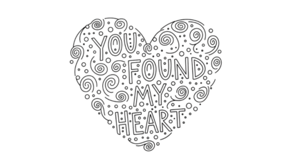 Intricate heart shape text design with found my heart on transparent background